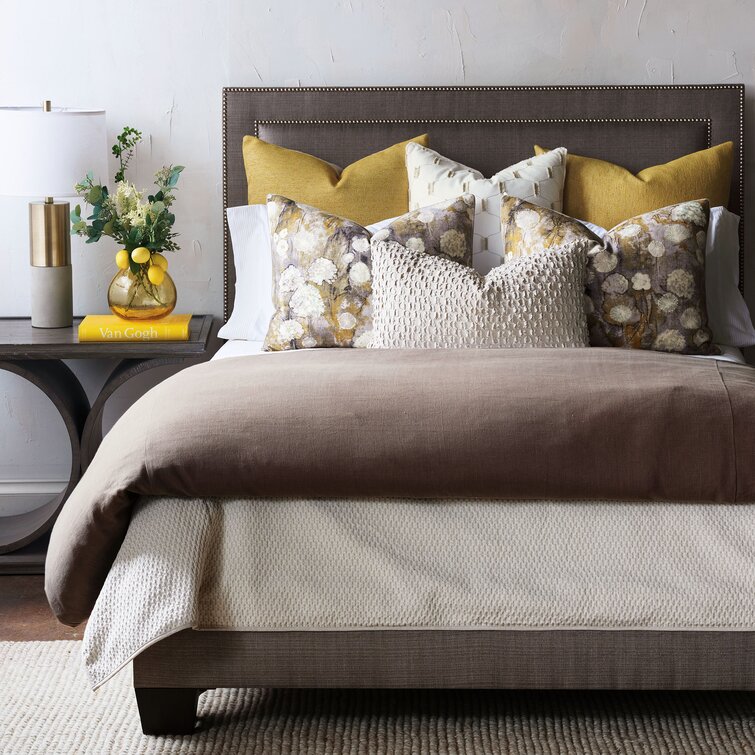 beige linen king bed